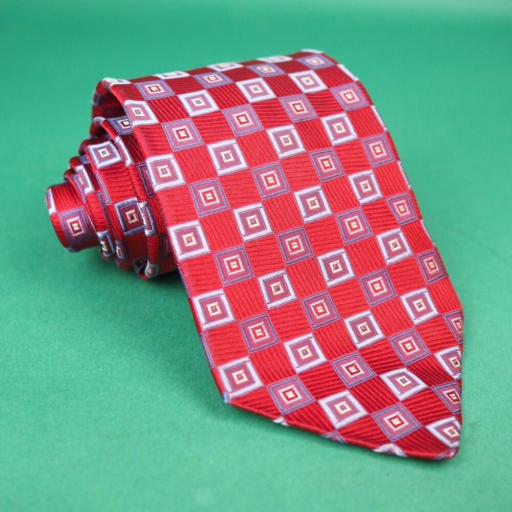 Daniel Cremieux Red Geometric Square Check Pattern Silk Tie Handmade USA